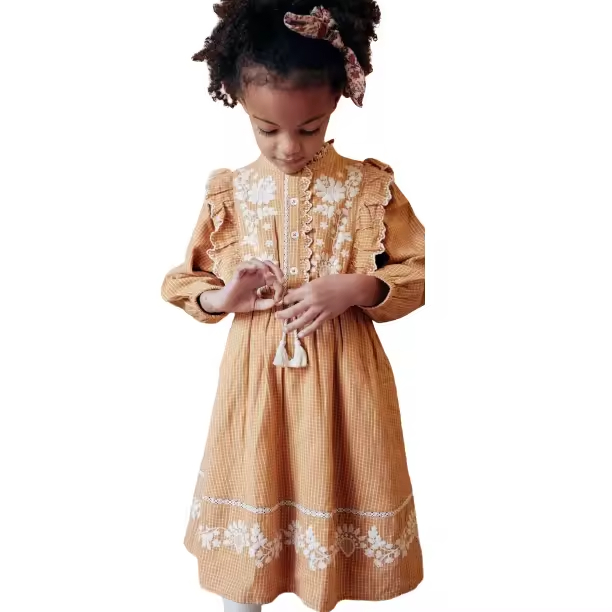 Custom Vintage Gingham Check Plaid Girls Child Dresses Kids White Embroidery Flower Cotton Linen Dresses With Ruffles