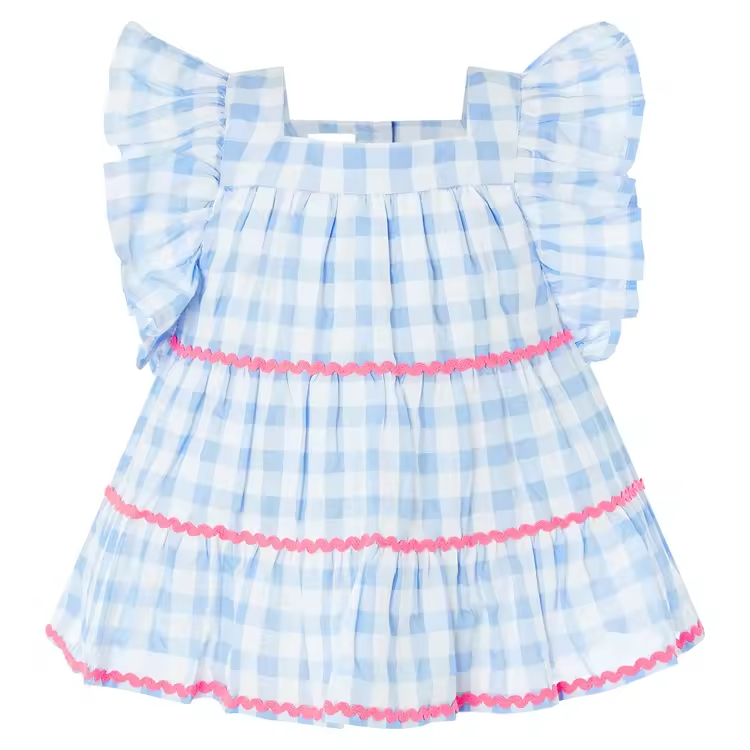 Fashion High Quality Children Frocks Designs Blue Grid Girls Fancy Dresses Beautiful Cute Flounce Sleeves Baby Summer Dress