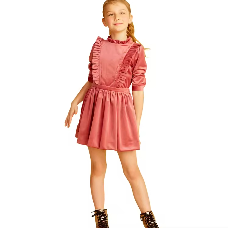 Stylish New Arrival Spring High Quality Baby Girl Dress Velvet Ruffle Elbow Sleeves Girls' Fashion Dresses With Front Buttons