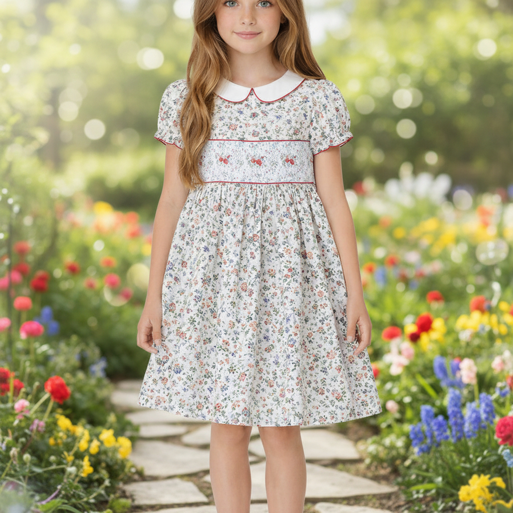 Customized Your Own Brand Label 20265 Summer Dress for Girls Kids Short Sleeve Toddler Girls Dresses With Smocking